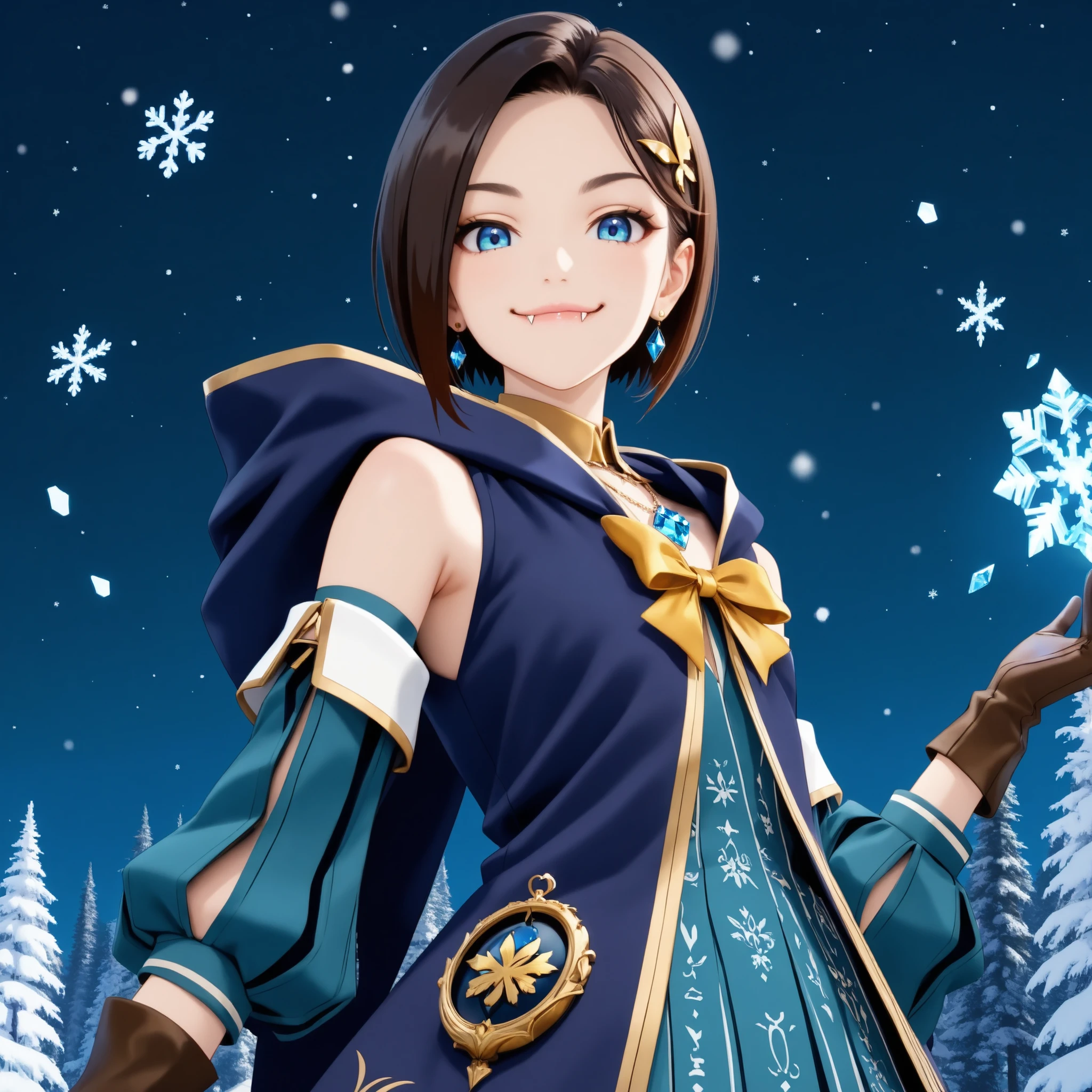 lone, solo, feminine vampire sorceress 1girl, cute, pretty, half european, half asian, model pose, fashion, luxury, luxurious, wealthy, clean, (young), beautiful, short, petite, thin, Rinwell sorceress outfit, hood, fantasy outfit, luxurious diamond necklace, close view of chest area, close up of flat chest, gold ribbon, magical blue eyes, short dark brown bun hair, parted bang, blue cloak, sleeveless fantasy jacket, gold hairpin, dress hair ornament, magical orb necklace, detached sleeves, bare shoulders, brown gloves, earrings, clear night sky, magical circle, ice shards, snowflakes, Winter landscape, pine forest, ivan-shishkin landscape, (surrounded by Frost spells:1), (Vampire teeth), large fangs, vampire canines, dominant, arrogant, smug, confident, evil, mean, mischief, cocky, sexy, sly, playful, flirting, stoic, dominant, royal, looking down at viewer, taller than viewer, (mischievous mean smile:1), haughty, closed mouth, looking at viewer, high resolution, standing, anime, (from below:1), masterpiece