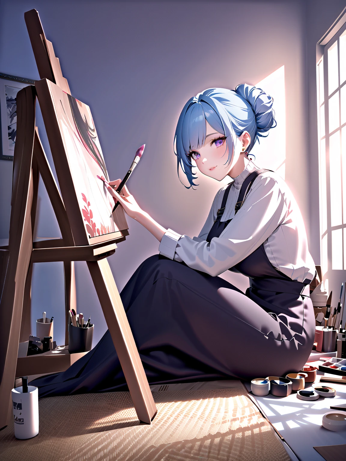 アニメ girl with a brush and a painting board in front of a window, painted in アニメ painter studio, Realistic cute girl drawing, beautiful アニメ portrait, アニメ. Soft lighting, Detailed painting 4k, アニメ realism style, realistic アニメ artstyle, Gweiz-style artwork, realistic アニメ art style, made with アニメ painter studio, portrait アニメ girl,Bad mood,angry,Looking up at the sky