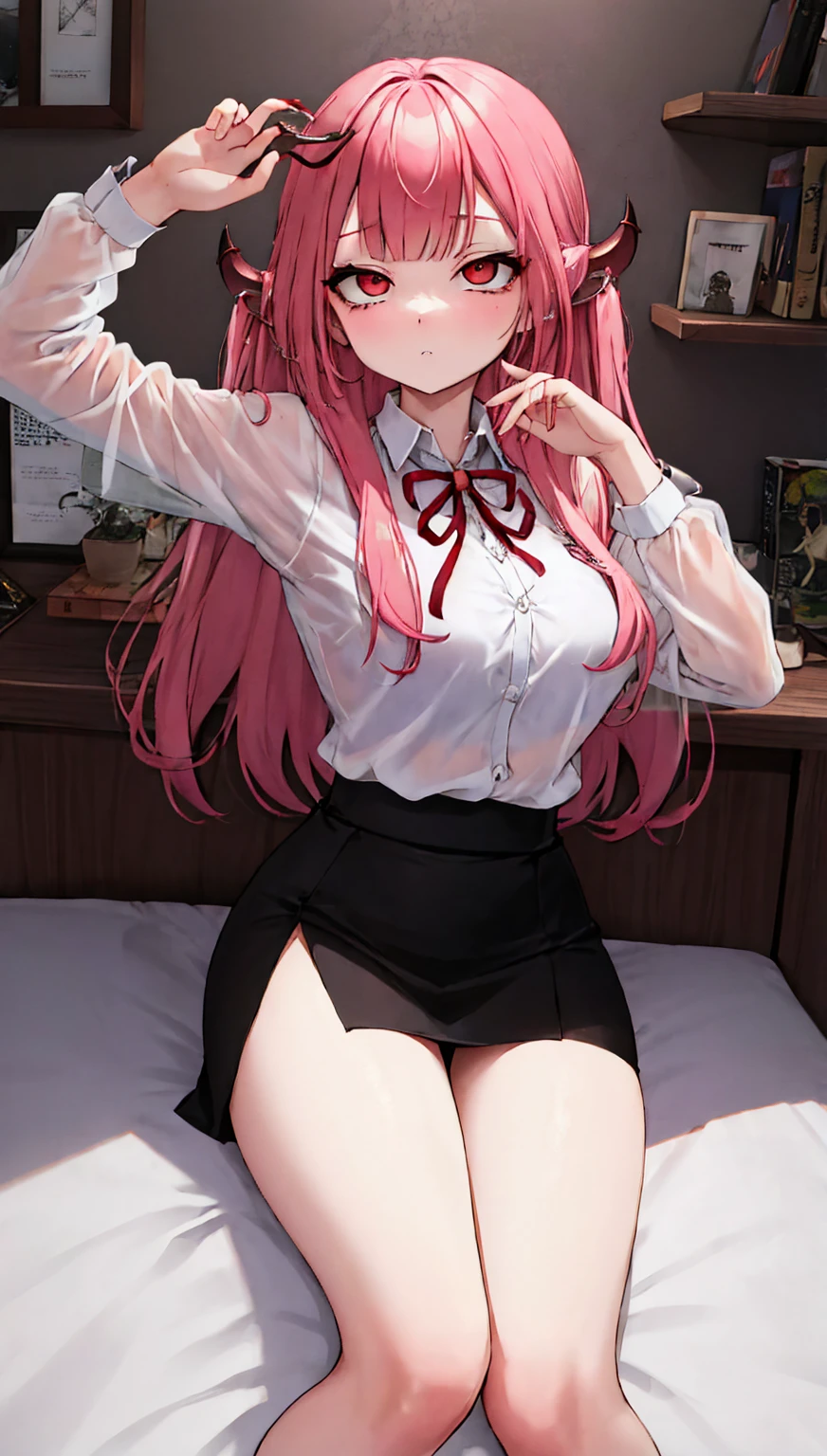 1 Menina da Anime Linda De cabelo Rosa Longo, It's red eyes., com pernas abertas, is With School Skirt, mostrando Roupas Intimas, it's Japanese high school clothing, com estrela nos olhos, imagem Estilo Novel de anime, Roupas Intimas Brancas, com calsinha branca, colegial senda em uma mesa de pernas abertas, mostrando Roupas Intimas, his face is flushed, com vergonha, wearing pantyhose, ((imagem Estilo Novel de anime)), ((corpo inteiro)), ((With Underwear there is Sample))