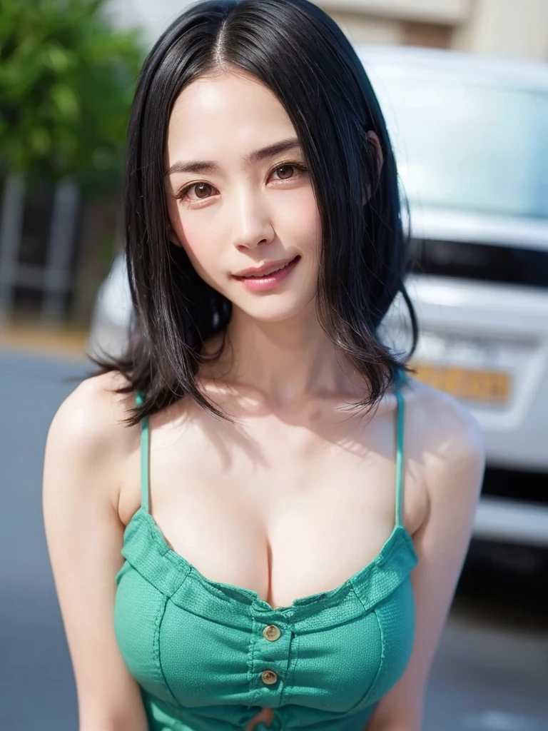 A dark-haired、skinny,Woman in her 20s,breasts with small volume、A slight smil