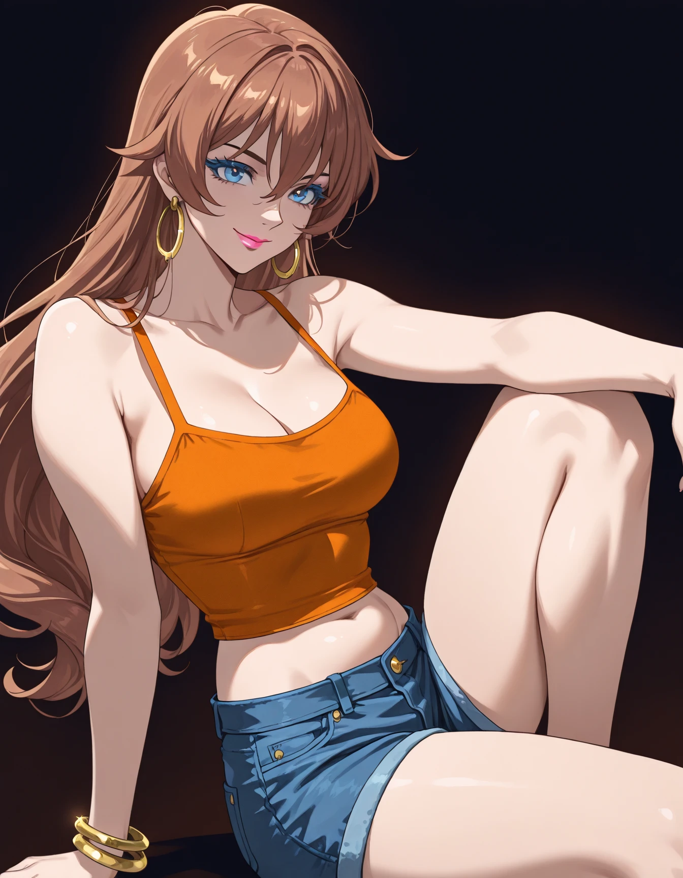 (bestquality,masterpiece) ,NamiOP, jewelry, smile, cleavage, earrings, bracelet, navel, denim, short pants, jeans, :d, groin, holding, closed_eyes, sitting, stomach, blue_pants, blurry_background, solo_focus, blurry, food, fruit, orange_\(fruit\), holding_food, holding_fruit, mandarin_orange, ((jacket)), eyes open,