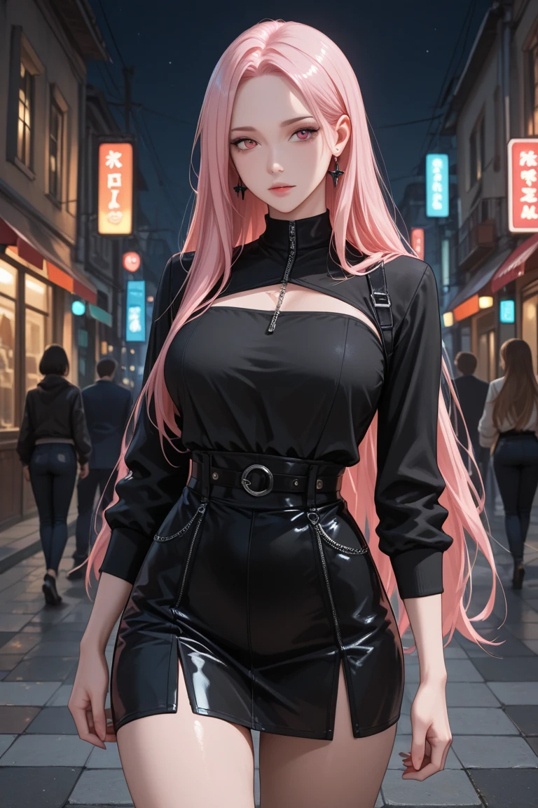 (Masseter muscle part:1.2、highest quality)、(live action、intricate details)、(1 female、solo、Upper body、big breasts、beautiful eyes、Clear lips) clothing: edgy、black jumper、pink mini skirt、avant garde、experimental appearance: pink long hair、dramatic makeup、unconventional fashion choices behavior: traitor、Runaway Ladies Leader、president、black jumper、pink mini skirt、Anti-system、provocative place: urban art district、underground music scene hobbies: bad girl、Create mixed media art、Experiment with different subcultures Values: personality、credibility、creative expression inspiration: Runaway Ladies Leader、president、counterculture icon、nature: boldness、unconventional。