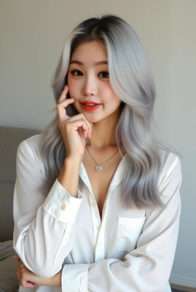 (1 Korean celebrities with royal sister style), ((best quality, 8k, masterpiece: 1.3)), focus: 1.2, (silver hair) (Crossed calves: 1.3), perfect body beauty: 1.4, (Smile), street，Highly complex facial and skin care, exquisite eyes, double eyelids, whiten skin, (Big wavy hairstyle: 1.3), (round face: 1.5),
