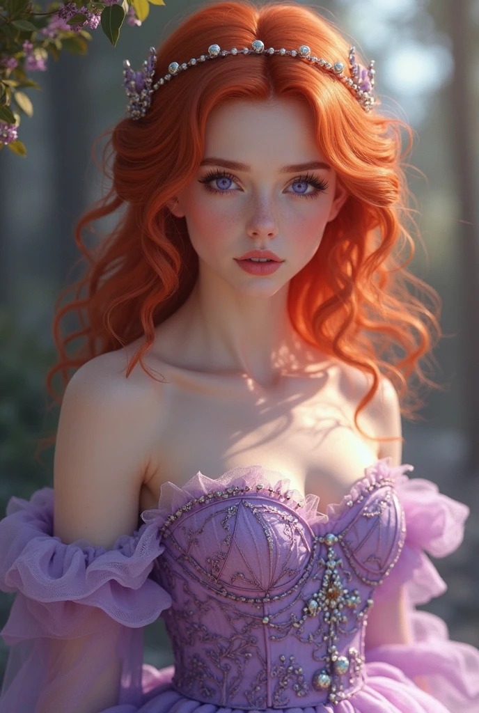 Woman,blue colored eyes, red and purple hair, breasts big, short dress 