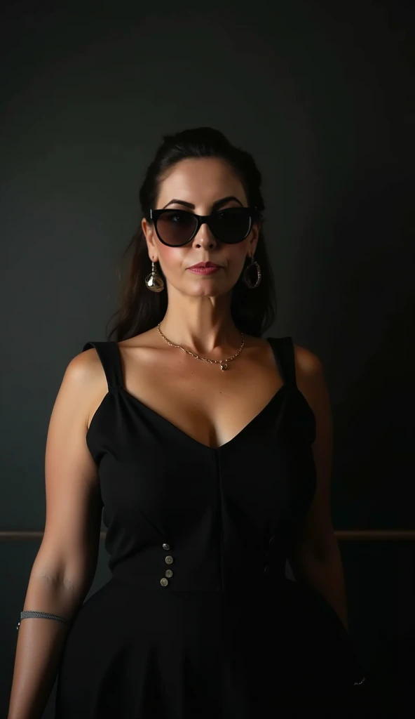 social maffia, top modern bureau with tall huge windows, Tinder photo of lawyer (Woman) LaGermania with black sunglasses, deep neckline opened blouse, extrem light from lamp, dark room, professional photo and light devices around the room