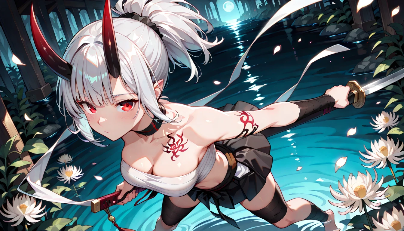 score_9,score_8_up,score_7_up,1girl,changli (wuthering waves),horns,red eyes,pointy ears,breasts,solo,long hair,white hair,black gloves,looking at viewer,sitting,sweat,parted lips,holding,outdoors,sky,bangs,day,smile,blush,demon horns,foreshortening,sun,