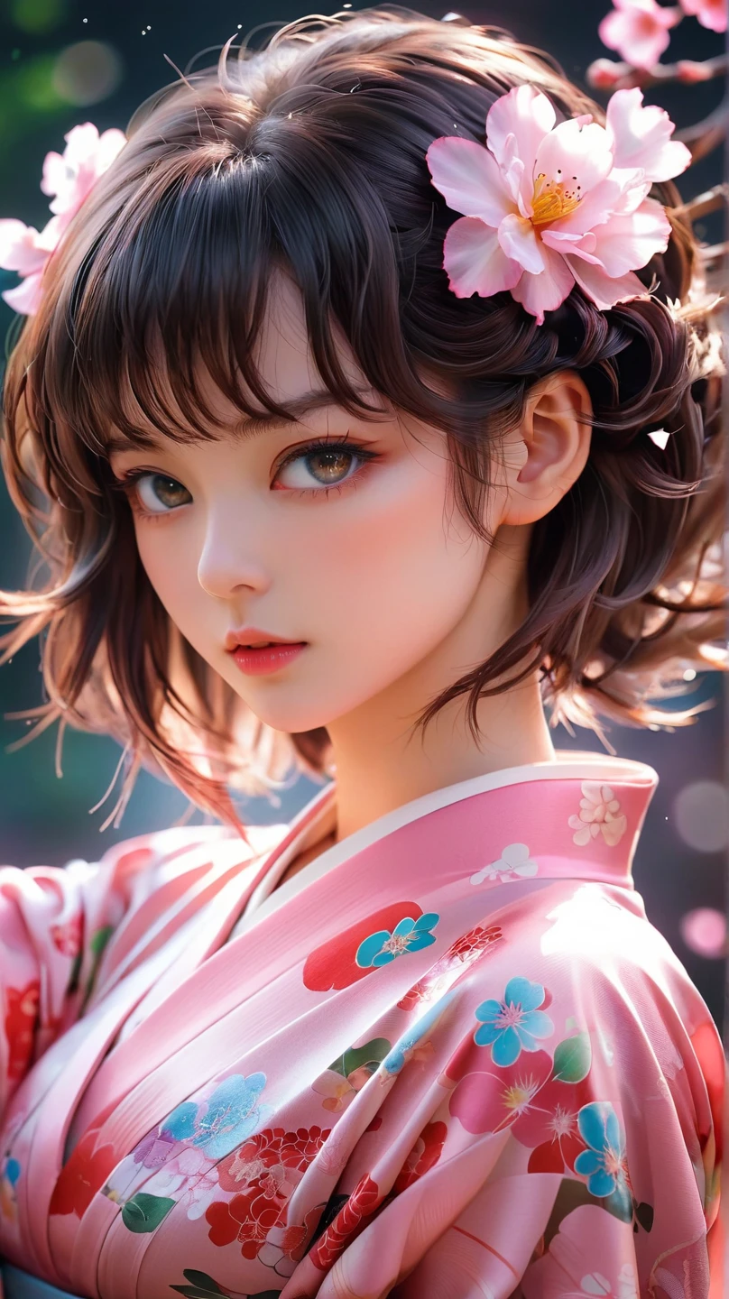 ((Best Quality)), ((Masterpiece)), (Detail: 1.4), 3D, Beautiful Cyberpunk Female Image, HDR (High Dynamic Range), Ray Tracing, NVIDIA RTX, Super Resolution, Unreal 5, Subsurface Scattering, PBR Texture, Post-Processing, Anisotropic Filtering, Depth of Field, Maximum Sharpness and Sharpness, Multi-layer Texture, Albedo and Highlight Mapping, Surface Coloring, Mitsu-Accurate Simulation of Material Interactions, Perfect Proportions, Octane Rendering, Two-color Light, Large Aperture, Low ISO, white balance, regular three-point, 8K RAW, beautiful bright pupils, flowing robe, fine pupils, delicate face and eyes, long eyelashes, blush, fluffy hair, pink lips, pure, cute, sweet girl, cherry blossom petals falling, butterflies, high-class sense