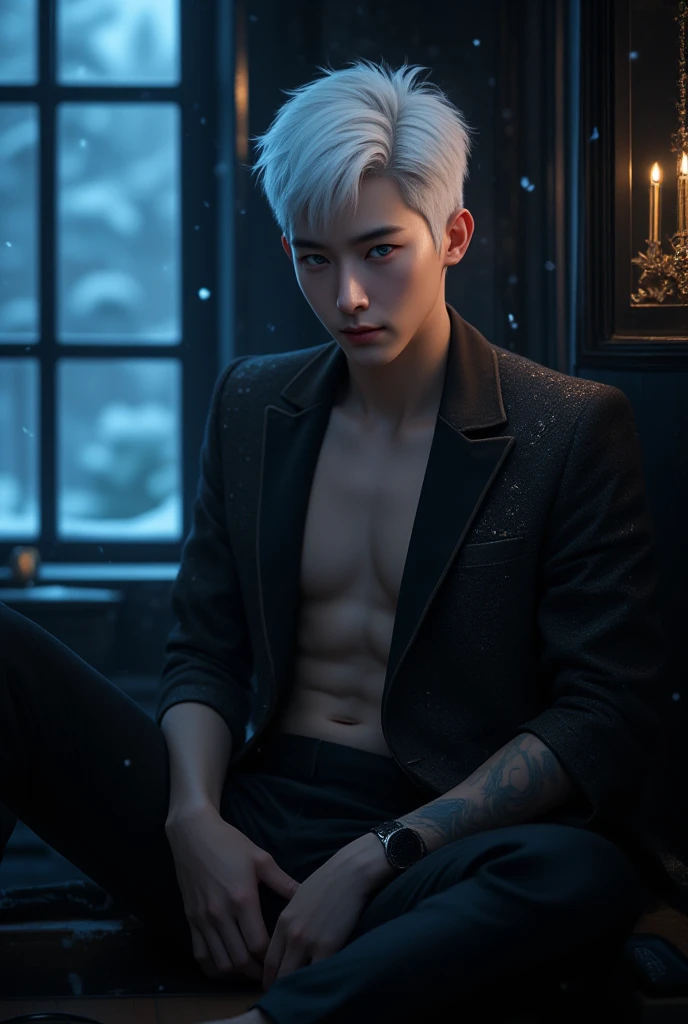 attractive wolf man beautiful slender, muscular torso, short silver hair, amber yellow eyes, white wolf fur coat, white pants torn on the left side, background a moonlight with a lake mirroring the dark night and a forest