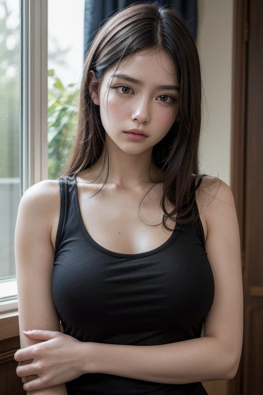 20-year-old woman, Black-haired, high contrast (Natural skin texture, Hyperrealism, Soft Ligh, sharp), high resolution, blue sport wear, pov, full body