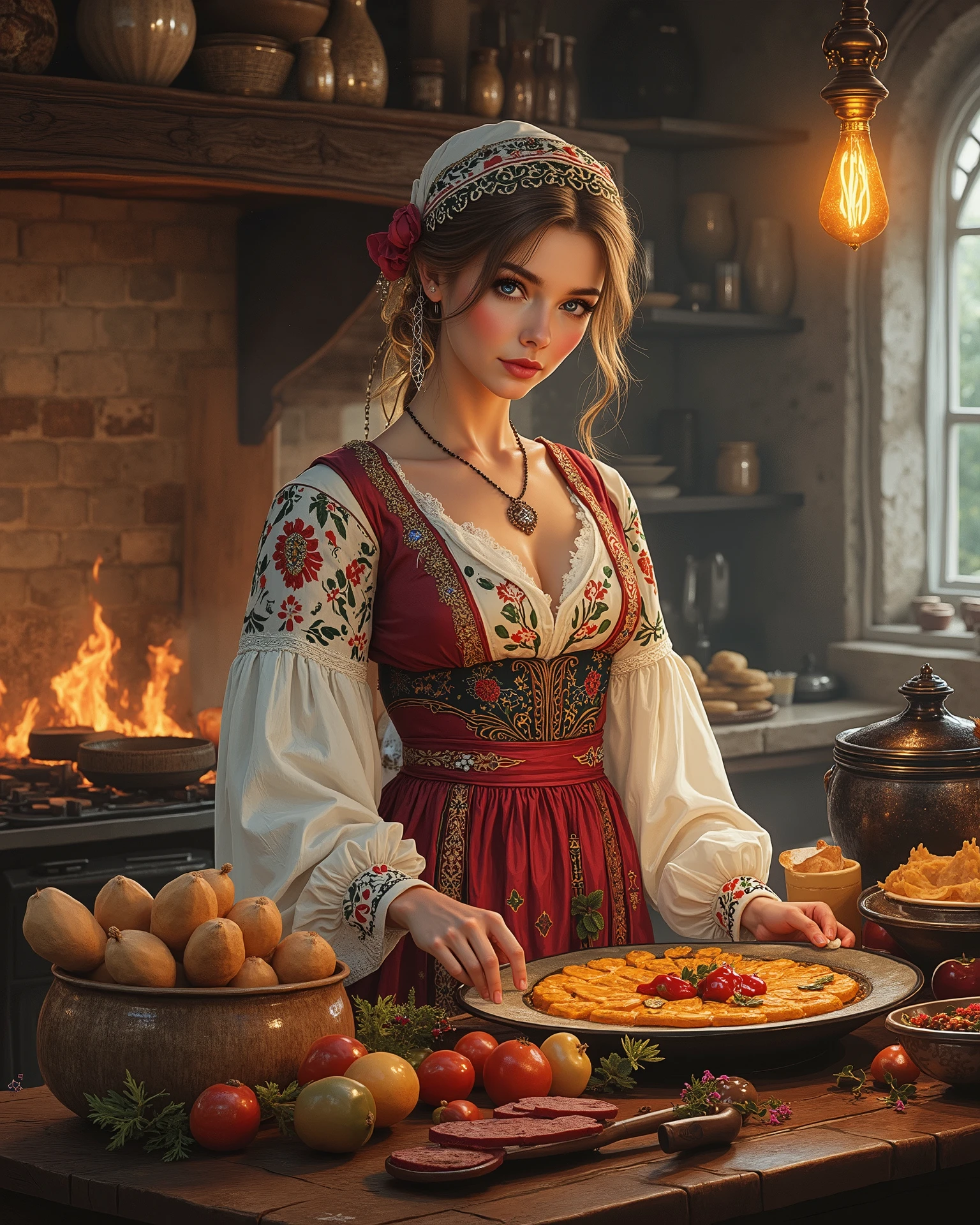 A beautiful Russian woman donning a traditional Caucasian costume, she is in the iconic traditional Russian kitchen cooking meals, intricate scene, fluffy cats, objects and other characters, drawn digitally by color comic master Don Lawrence, award winning professional masterpiece Illustration, in hyper realistic style, anatomically correct, Super detail, best quality