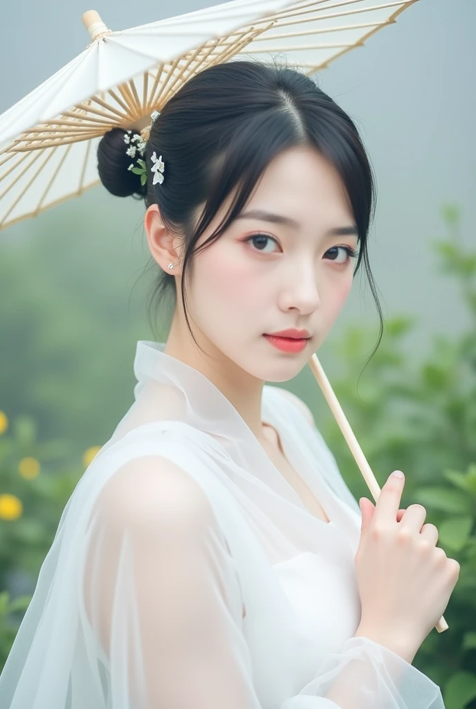 Wearing a white wet translucent kimono, Realistic Japan woman in bamboo bushes, Skinny Japanese female, beautiful female, Goddess of Japan, Detailed Face, Detailed eyes, Tie up your hair, Inserting kanzashi, A MILF, Sexy Japan woman, A 40-year-old woman, Looking at the camera, facing front, face forwards, rain is falling, Beautiful collarbone