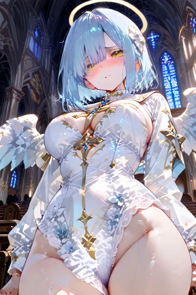 Highest quality, Super quality, 16K, Incredibly absurd, Very detailed, 2.5D, delicate and dynamic, church, Brightly colored stained glass, Small faint lights and flying fireflies, night, Starry Sky, milky way, nebula, shooting star, Flowers, birds, wind and moon, Extremely delicate facial expression, Delicate eye depiction, Upper body close-up, erotic, sole sexy lady, healthy shaped body, 22 years old lady, YoRHa 2b, 170cm tall, huge firm bouncing busts, white short hair, black hair band, YoRHa 2bのコスチューム, black leather long boots
