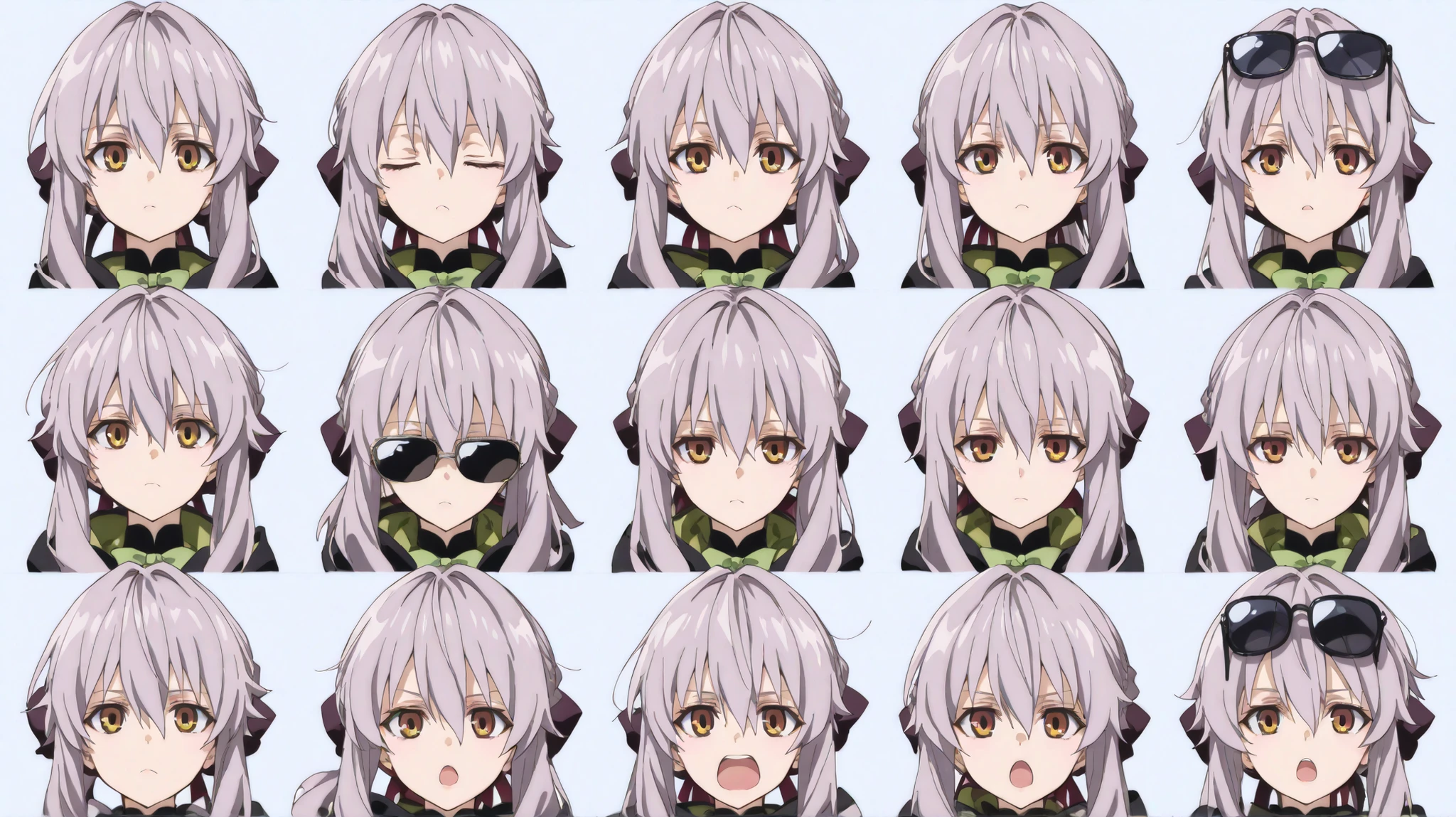 (masterpiece, top quality, completely completed:1.4),collage art、Shinoa from owari no seraph、beautiful girl、upper body、sunglasses、Show your eyes through the gaps、various expressions、9 divided、wink