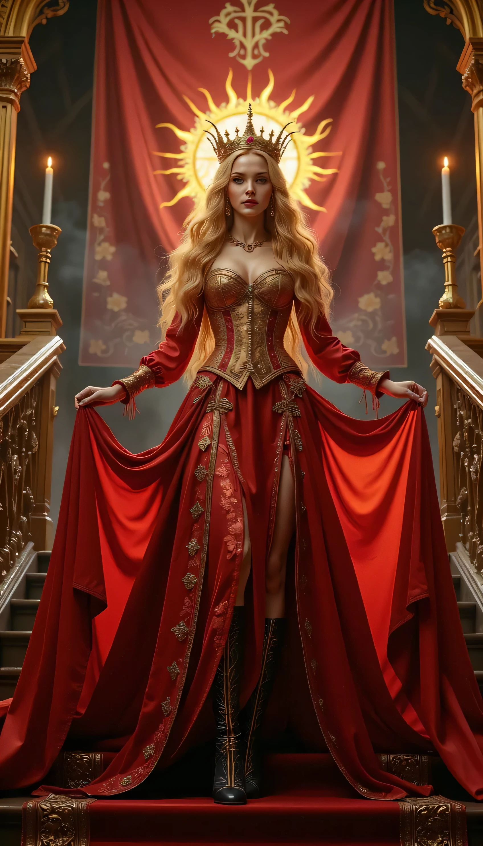 A noblewoman from the Middle Ages stands in a grand hall. Her elegant dress has a very pronounced neckline covered by a soft transparent lace fabric that reveals an intricate tattoo on her chest. The silk corset with shiny lace fits her sexy and harmonious figure. The tattoo depicts a mystical dragon entwined with ancient runes, symbol of power and rebellion. She holds a jeweled goblet in her hand; Her expression is a mix of defiance and intrigue. The hall is adorned with tapestries and armor, illuminated by dim candlelight. hyperrealistic art
