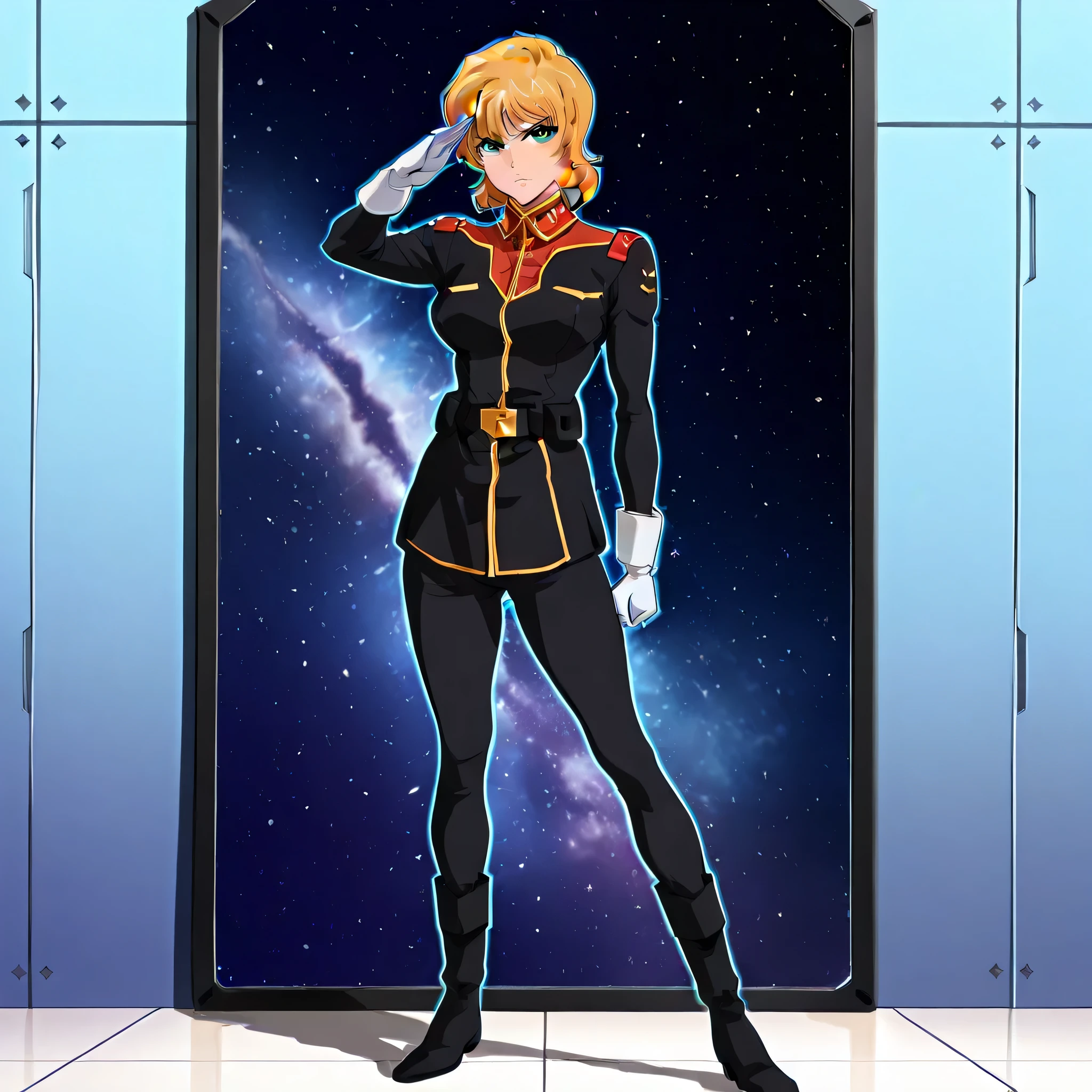 ultra-High resolution, score_9,score_8_up,score_7_up,score_6_up,score_5_up,score_4_up, BREAK, source_anime, anime screencap, uncensored, rating_explicit, Masterpiece, curvy, dark persona, looking at viewer, Fighting Stance, (((solo, 1girl))), hair ornament, (((zabiarov, military uniform, white gloves, black pants, boots, black uniform))), ZetaGBTT, seductive pose, submissive pose, medium breast, Ellis Claude, blond hair, short hair, green eyes, spaceship, space background, mirror, cute girl, young girl, salute, saluting, military, standing, standing at attention, standing still