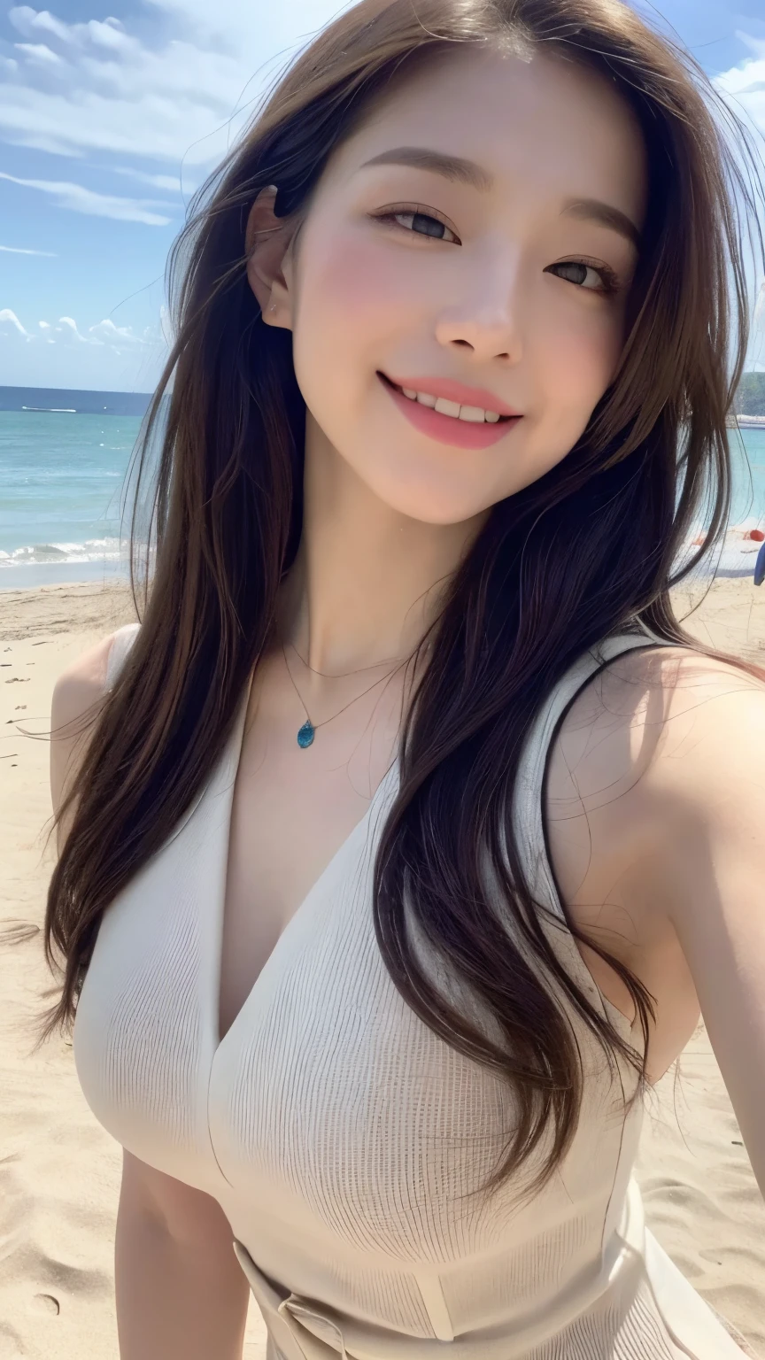 A young and beautiful,Beautiful cute girl,half-body photo。Extremely beautiful and delicate,Black color hair,A sweet smile,Delicate and beautiful fair skin,Realistic and realistic,exquisite and complete facial features,Detailed depiction of the face,tall nose bridge,Smooth hair,extremely detail hair,Feminine temperament,with a well-proportioned body,Realiy,White teeth,Tied up with hair,Hyper-realism,sandals,Extreme picture quality,Highest precision,Precise and perfect human anatomy。with blue sky and white clouds,rays of sunshine,(Bandeau dress)(telephoto shot,)Express the landscape,On the stones by the sea,There are coconuts,Highlight portrait。Wearing earrings,Sideways photo