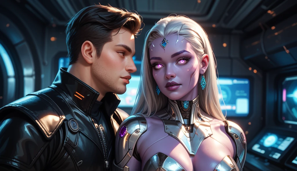 ((HIGH DETAILED PICTURE)),((DETAILED CREATIVE)),((HIGH QUALITY,MASTER PIECE)), 1 MAN with power robo armor , he was live in alien world with alien girl friend, alien girl friend 2x taller than man,((DETAILED man and alien girl friend)),((ALIEN GIRL : green skin with some marks , dark and large eyes,full black eyes))
