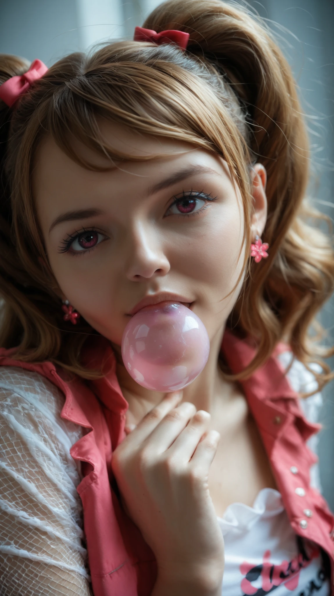 Score 9, Score 8, Score 7, Charlotte Pudding, female, in hyper-realistic anime style. One eye subtly hidden in forehead, three eyes, one on forehead, She is chewing pink bubble gum and blowing a bubble in half pose, with a playful and confident expression. She is sporting a modern and sexy K-pop-inspired outfit: a cropped iridescent jacket with exaggerated shoulders, a tight-fitting shiny top that shows off her toned abdomen, high-waisted shorts with metallic straps, fishnet stockings, and chunky platform boots. The color palette features pastel pinks, lilacs, and bright whites. Accessories include statement earrings and layered belts. Light brown hair in voluminous pigtails with soft curls and a sleek K-pop style. Medium shot, she poses with one hand on her hip and the other slightly raised in motion, exuding charm and power. Light brown hair in voluminous pigtails, realistic textures in fabrics, soft sheen in skin and clothing, emulating a Sony Alpha 7R IV with a 35mm f/1.8 lens, with dramatic cinematic lighting, composed with a dynamic diagonal angle and medium background perspective. Asian, beautiful (25 years old), toned abdomen, charming and with great detail.