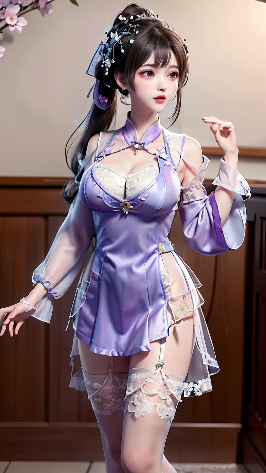ulzzang-6500-v1.1, (raw photo:1.2), (photorealistic:1.4), beautiful and detailed girl, very detailed eyes and face, beautiful detailed eyes, absurd, incredibly ridiculous, huge file size, super detailed, high resolution, very detailed, best quality, masterpiece, kemomimi, ((Chinese woman wears Hanfu, silk, lace)), wears Chinese Hanfu, (((Purple Stockings)) lively pose, facing the audience, feminine, stunner, medium breasts, very detailed, viewer perspective, CG, unity, 8k wallpaper, amazing, fine details, masterpiece, best quality, very detailed CG unified 8k wallpaper, face light, movie lighting, 1girl, (full body 2.0), sexy, bare shoulder