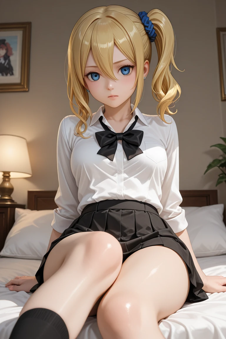 (1 female), (Micro Thong), (((Under the chest))), ((Crop top shirt)), ((Spread your legs, Get down on one knee)), (Sailor top only), (White short shirt), Summer clothes, ((Red ribbon tie)), ((Sheer white long thigh-high socks)), Long thigh high socks, (((Long gloves))), masterpiece, 最high quality, high quality, High resolution, In detail, Detailed Texture, Realistic facial expressions, Realistic, colorful, Ray Tracing, Ahegao, sad, smile, (((Are crying))), (Drooling), ((vapor)), (Glowing Eyes), (Beautiful and delicate face down to the last detail, Beautiful eyes in every detail, Perfectly balanced face, Skin with attention to detail, The optimal ratio is four fingers to one thumb, (((Glowing White Skin))), (Oily skin), (Large Breasts), ((Smooth texture, Realistic texture, Realistic)), ((Green Eyes)), (((Blonde semi-long hair, ponytail))), (Beautiful Face, Cute face, Detailed face), On the bed