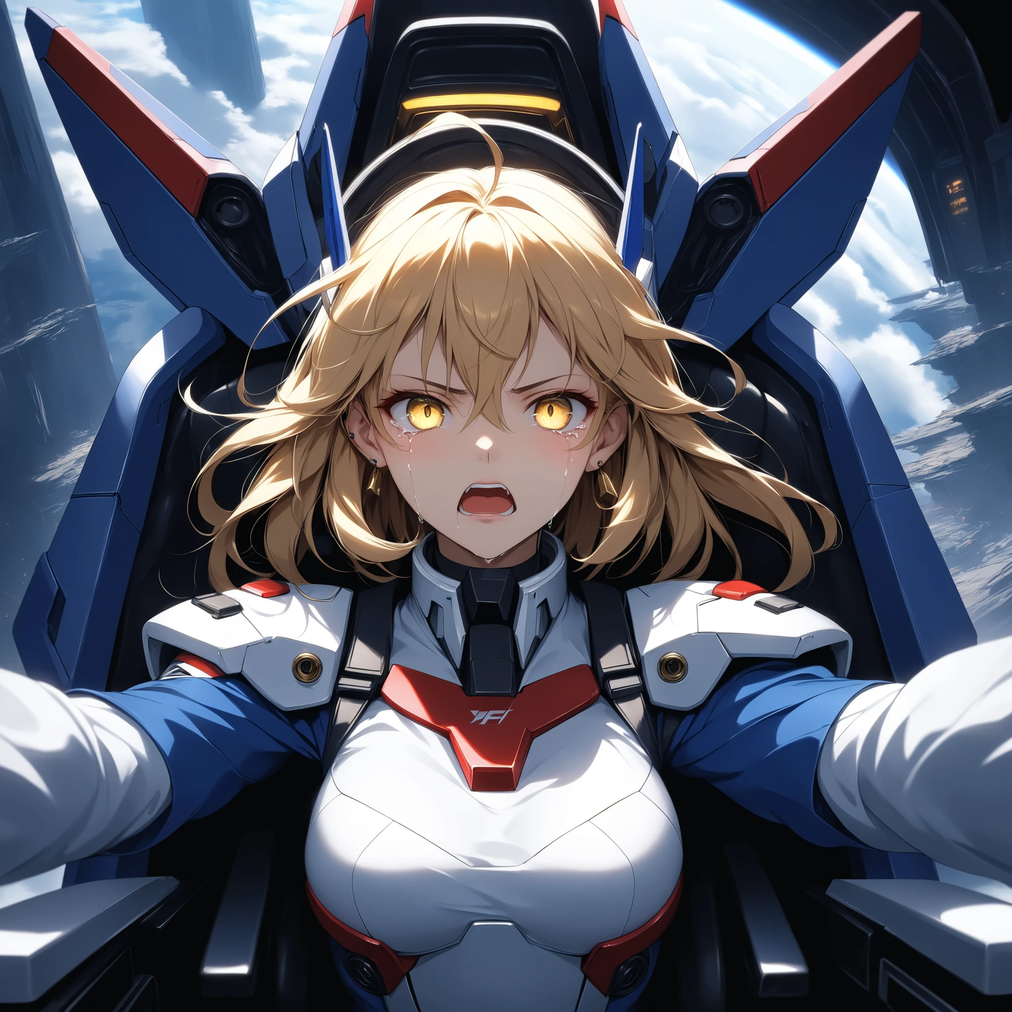 Highest quality,Woman in futuristic pilot suit、Blonde long hair,Mad Cockpit,battle