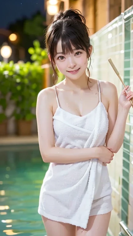 White bathrobe、Wet hair、A beautiful woman with a clear complexion、cute、It's night outside、Luxurious living room in the background