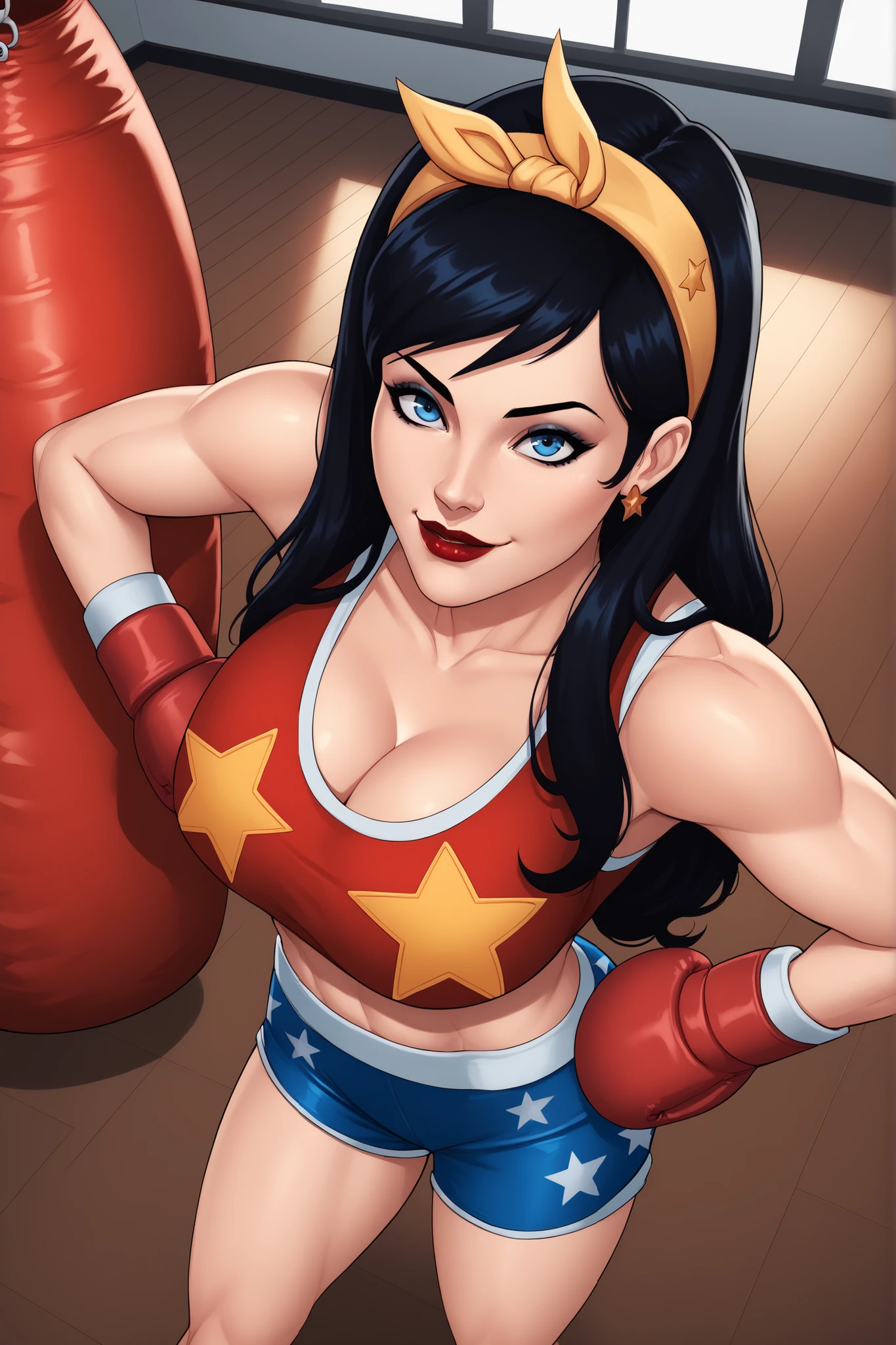 score_9, score_8_up, score_7_up, score_6_up, masterpiece, high quality, BREAK, safe_pos, 1girl, solo
bmbshllwndrwmn, long hair, hairband, blue eyes, black hair, lipstick, makeup, large breasts, cleavage, earrings, smile, closed mouth, looking at viewer, happy expression, curvy, athletic, hands on hips, red racerback sports bra, blue spandex shorts, red boxing gloves, indoors, gym, punching bag, star print, high-angle view,