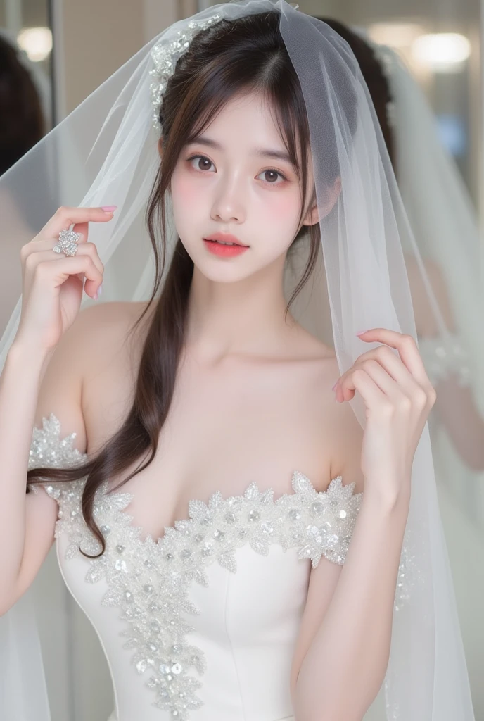 Top-quality Realistic, Official art, Highly detailed CG Unity 8k wallpaper,(masterpiece:1.3), (8k, photorealistic, RAW photo, best quality: 1.4), (1 girl), pretty face, (realistic face), (black hair, medium hair:1.3), beautiful hairstyle, realistic eyes, detailed fine eyes, (realistic skin), beautiful skin, (breasted top), absurd, attractive, super detailed resolution, surreal golden ratio, very detailed, upper body, Japanese Idol,(Floral lace Wedding dress:1.3),BREAK,(Heart shaped necklace),(Triangle ornament earrings),BREAK, (gentle smile like a goddess),(in church surrounded by a majestic baroque atmosphere:1.2),standing position, Hold a large bouquet in front of your chest, Wide View