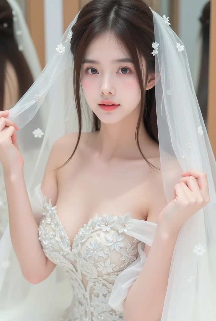 (Best quality: 1.4), (Ultra High Resolution: 1.2), (8k, RAW Photo: 1.2), (Looking at the audience: 1.2), Ultra HD, Super Detail, Best Proportions, Porcelain, Chinese Girl in Ultra-thin Translucent Wedding Dress, Focused Face, Close-up of Face, Medium Breasts, Cleavage, Full Body Shot, Necklace, Earrings, Wedding Rings, Bracelets, Hair Accessories, Veil, Delicate Sexy Collarbone, Charming Goose Egg Face, Double Eyelids, Smart Peach Blossom Eyes, Pink Lips, Small Upturned Nose, Bare Shoulders, In the Garden, Smile, (Natural Light), (Edge Light),