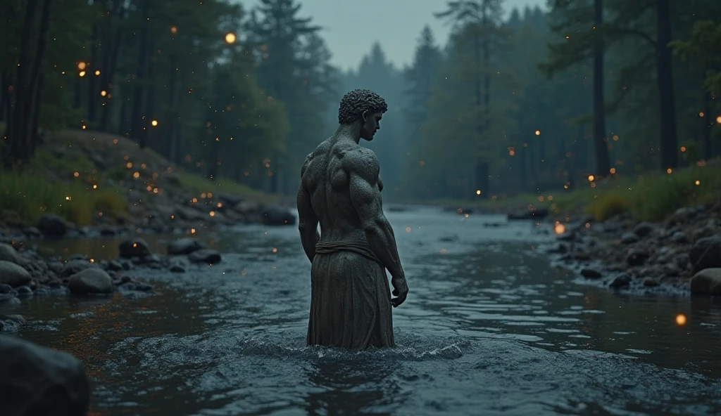 forst, Thu, 2d, dark surroundings, dried leaves, Apple falling to the ground, dark evening, several bown human sculptures with expressions of fear, a fountain of water coming out mud, ampty, only with brown sculptures