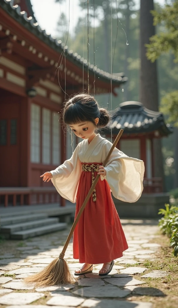 (raw photo, best quality), highly detailed, masterpiece, ultra detailed, illustration, 1 little girl 9 years old, beautiful, full body, black hair, black eyes, lens flare, cinematic lighting, dynamic angle, asian face, back bun hair, daylight, elegant, main view, wear white wide pants, wearing a knee-length robe, standing