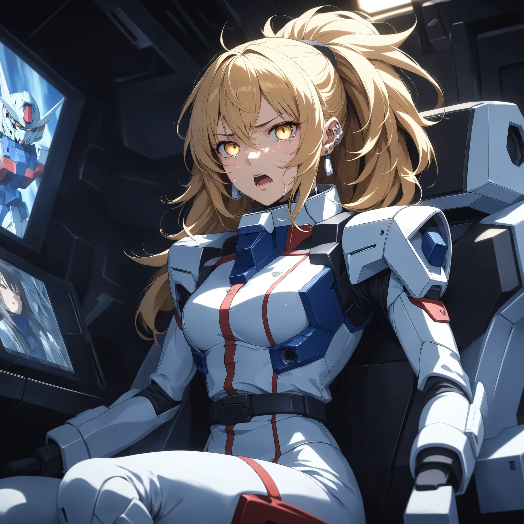 ((extreme quality)), ((Masterpiece)), (( Enrich the picture, Masterpiece level quality)), golden hair , Mid-length Layers hair, medium breasts , golden eyes , fierce woman , extreme eyes details, raw 4k, perfect proportions , extreme hair detailed, extreme cloth detailed, extreme detailed , extreme background detailed, ((great effect to highlight the subject)) , ( cinematic lighting , moody , textile shading) , perfect proportions , extreme detailed , volumetric lighting , soft lighting , glossy skin, glossy hair, beautiful face , extreme face details, Detailed facial features , Long eyelashes, Incredible atmosphere, Fascinating setting, dynamic pose, ear rings , hips up, eff pilot , Zeon flight suit , Strikefreedomgundamcockpit, (( sitting, control mobile suit fight)), mobile suit enermy in monitor, very angry face, crying, I'm screaming with my mouth open,