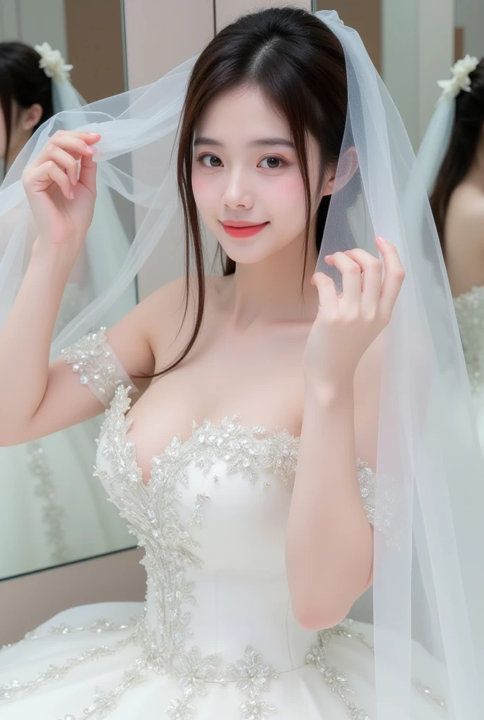 ((Best Quality, 8K, Masterpiece:1.3)), 1girl, Beauty:1.5, (Casual hairstyle, ???????????:), Bandeau wedding dress, Super fine face, Fine eyes, Double eyelids, Bride, full body, pointed heels,