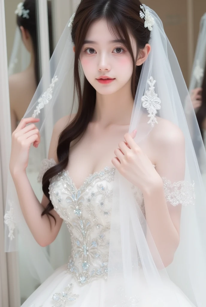 (masterpiece, Highest quality:1.2), One girl, alone,bony body、15 years old、Veil on head, Grey Veil, Gray Hair, Grey White, Gubes's art style, Arrogant and indifferent girl, Half-squinted, White eyes玉, White eyes, National style, Off-white