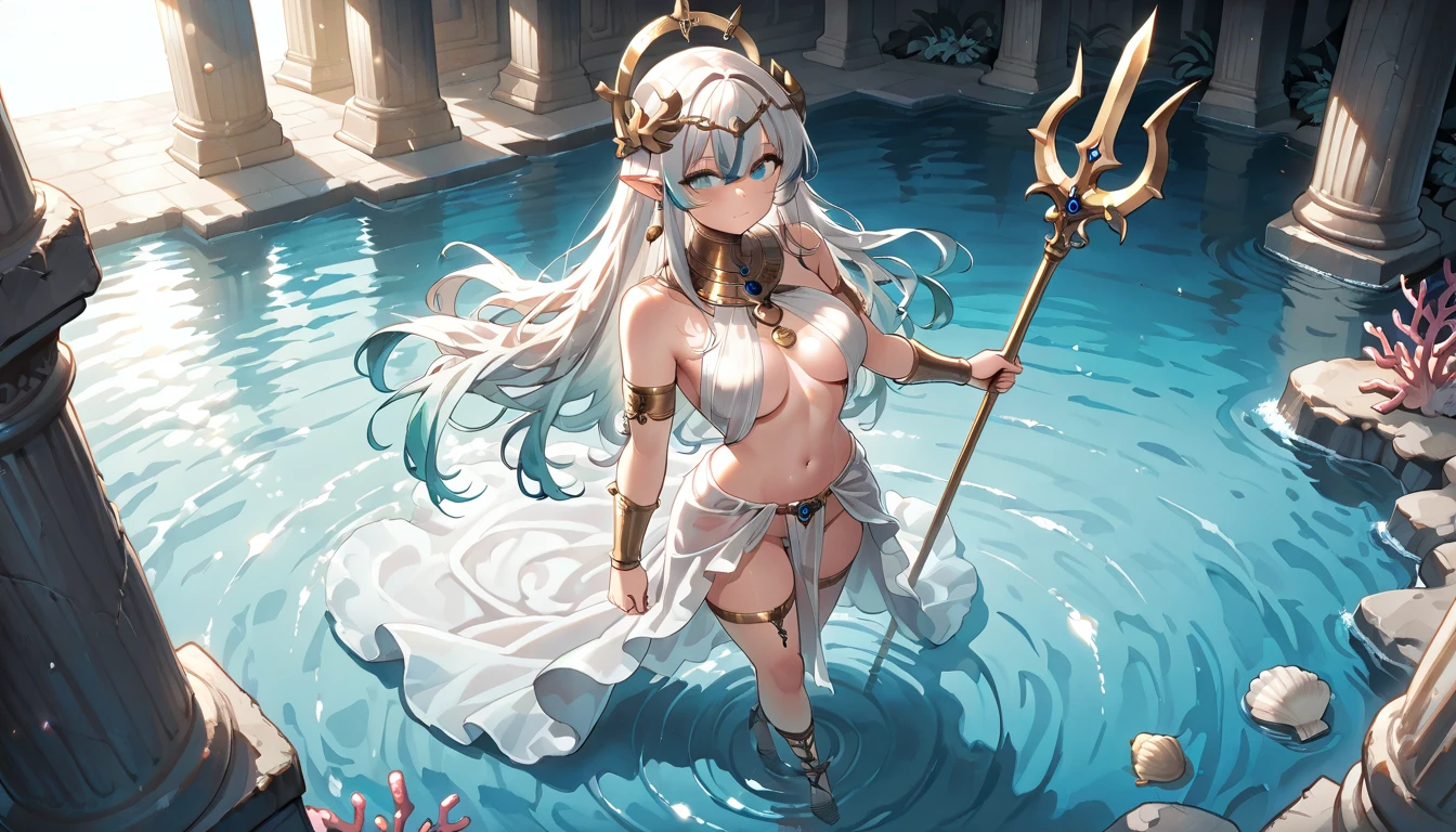 score_9, score_8_up, score_7_up, ultra detailed, from above, looking at viewer, one cute cleric girl, horns, sheep horns, very long hair, white hair, sheep girl, inocent looking face, green eyes, standing. holding a magical staff, solo, saint, white robes, golden details, wearing cleric robes and stockings, sweating skin, oiled skin, wet skin, , water drops, prefect face, gloss pink lips, large breasts, cleavage, wide hip, thick thighs, detailed feet,
