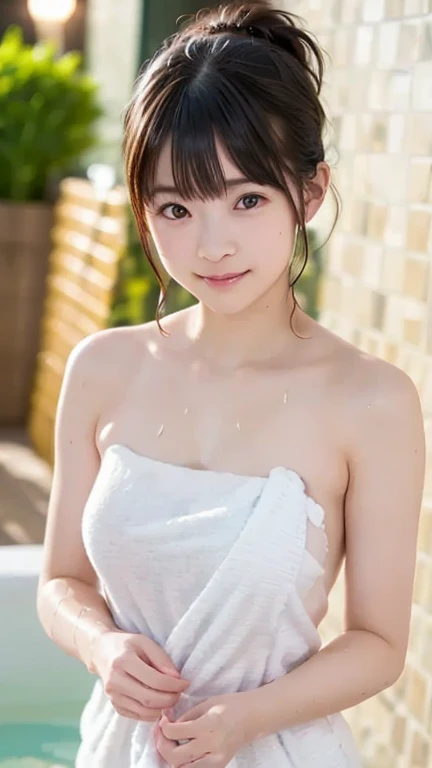 ((of the highest quality, 8K, masutepiece: 1.3)), Beauty, 1 japan girl taking a bath, Big: 1.3, dark brown hair, (Open legs: 1.2), detailed face, very detailed lips, Detailed eyes, Double eyelids, (outer: 1.3), Sweaty skin: 1.2, perfect teeth, smile, (towel: 1.3), (wet hair), wet skin