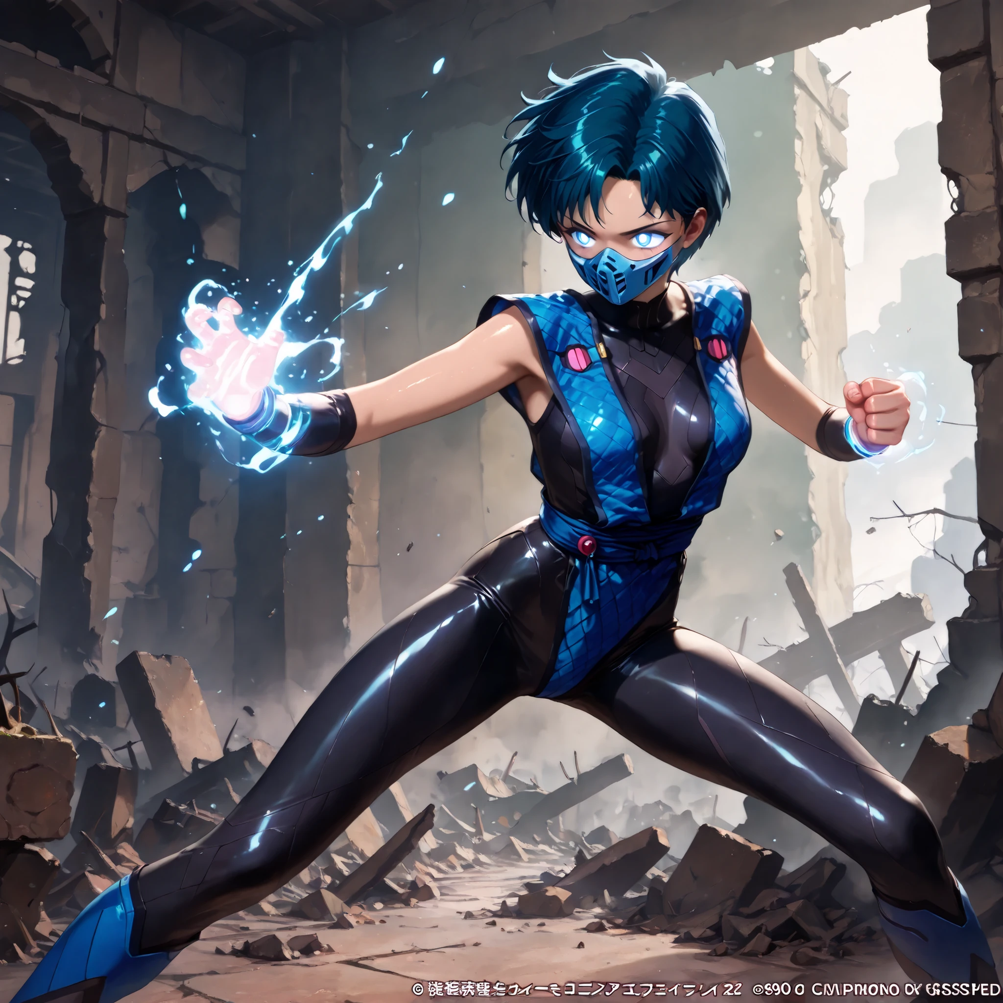 masterpiece, amazing quality, best quality, ultra-detailed, 8K, illustration, clear skin, ultra-detailed-eyes, soft skin, very awa, very as2, shiny skin, shiny hair, soft body, 90's style, official art, ami mizuno, blue eyes, blue hair, short hair, parted bangs, small breasts, mouth mask,spiked hair,glowing eyes, bodysuit,blue attire, ruins chinese temple, fight pose