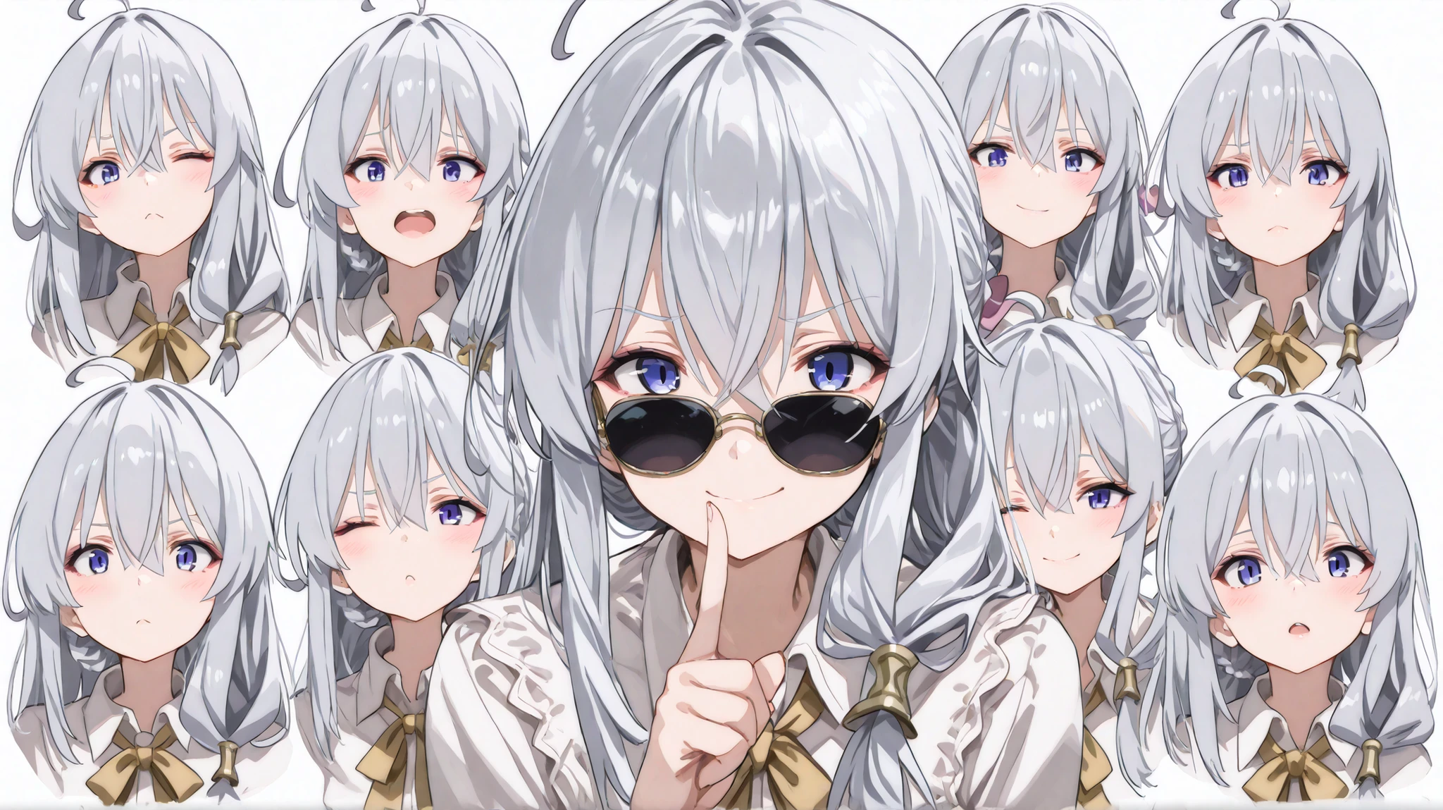 (masterpiece, top quality, completely completed:1.4),collage art、Elaina from majo no tabi tabi with silver hair、beautiful girl、upper body、Blouse、sunglasses、Show your eyes through the gaps、various expressions、9 divided、wink