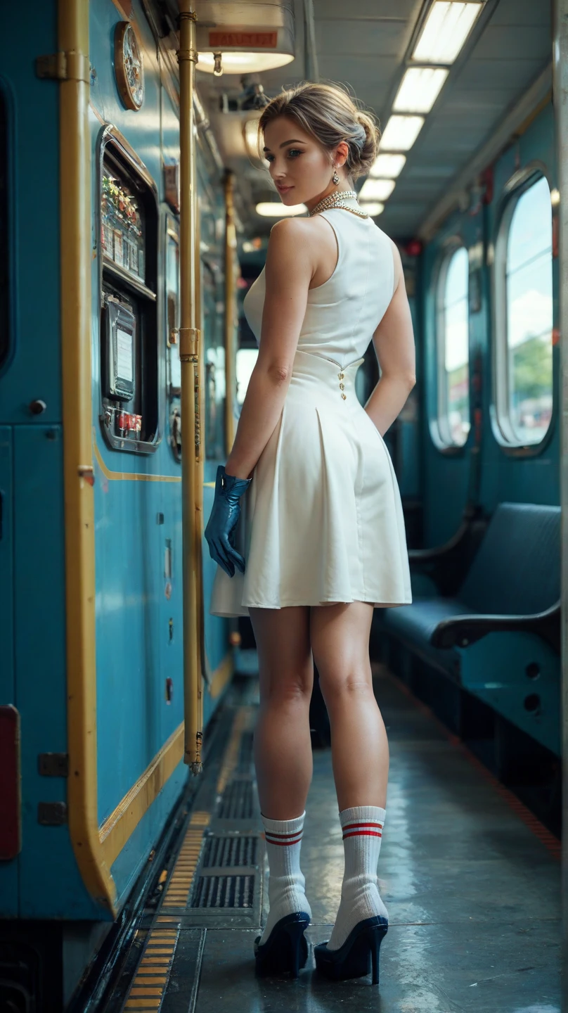 ((Best Quality)), ((masterpiece)), ((1 girl)), Alone, Transport, ((by the wide)), TransportBase, ((thighs)), bare shoulders, ((jewelry)), ((sleeveless)), White dress, blue skirt, ((gloves)), thigh, from behind.