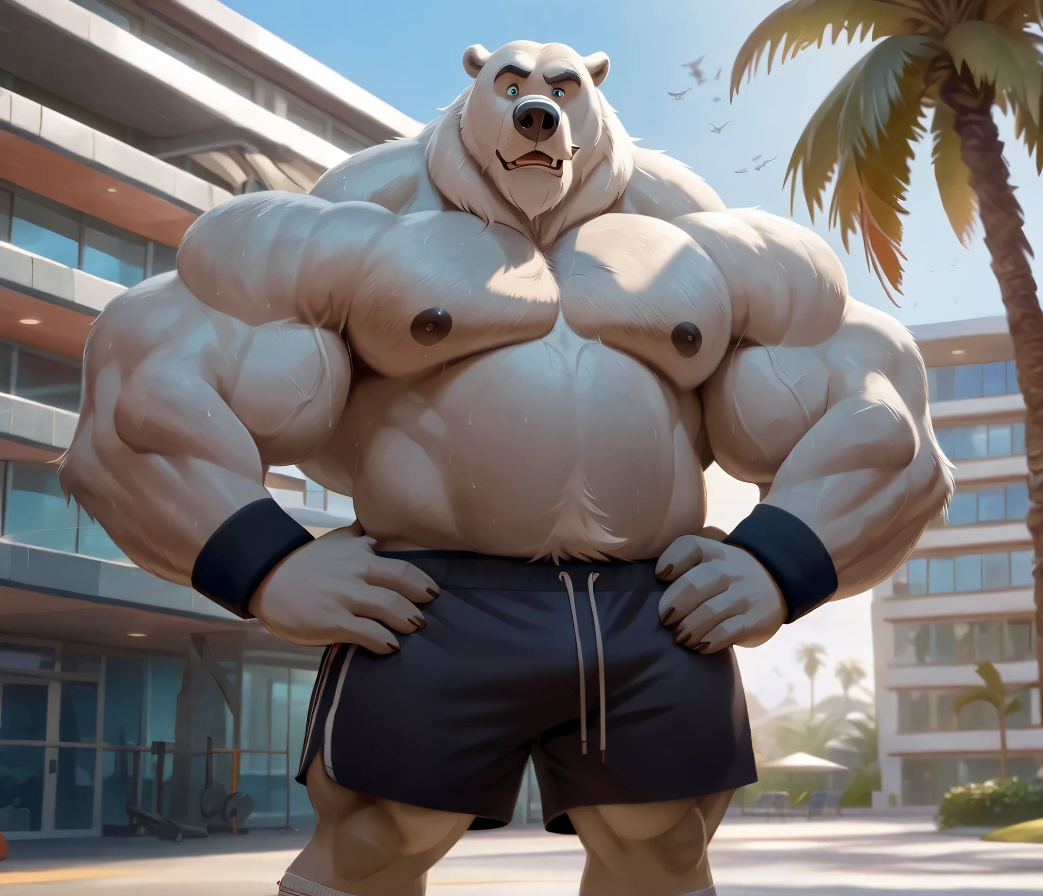 huge muscular polar bear in gym front building, big hulking flex, grunting smirk, polar bear, huge white fur, thick arm, huge arm, added thick colored gray mustache, added thick colored grey beard. Short white hair, (veiny muscular, pectoral, wide pectoral, thick arms), gym building, palm, Disney, 8k, masterpiece, gray eyebrows added, detailed eyes with blue pupils, (wearing black gym shorts, wristband, shirtless, topless, half naked and white gym shoes), hands on hips