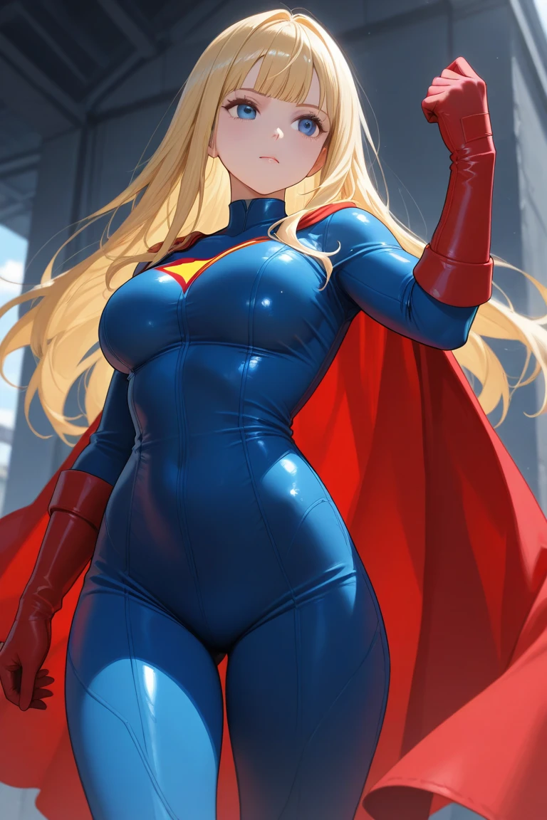 hermosa chica rubia de cabello largo y ojos azules, con grande busto descubierto, sentada en una silla mostrando sus piernas, con traje de supergirl (dc comics)