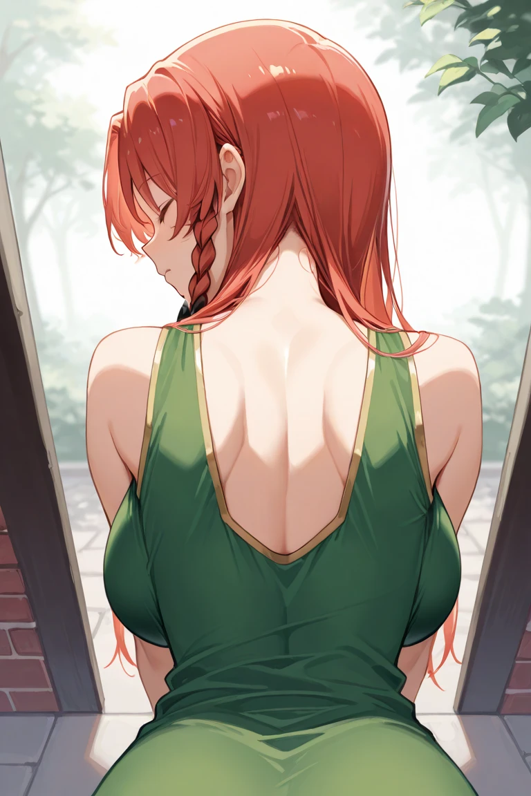 uzumaki_kushina, large_breasts, standing, solo, kushina_green_dress, masterpiece, best quality, detailed face, detailed eyes, highres,score_9, score_8_up, score_7_up, score_6_up, 1girl, , mature female, black hair, short hair, eyepatch, black bra, black panties, seductive smile, balcony, railing, bent over, looking back, from behind, teasing