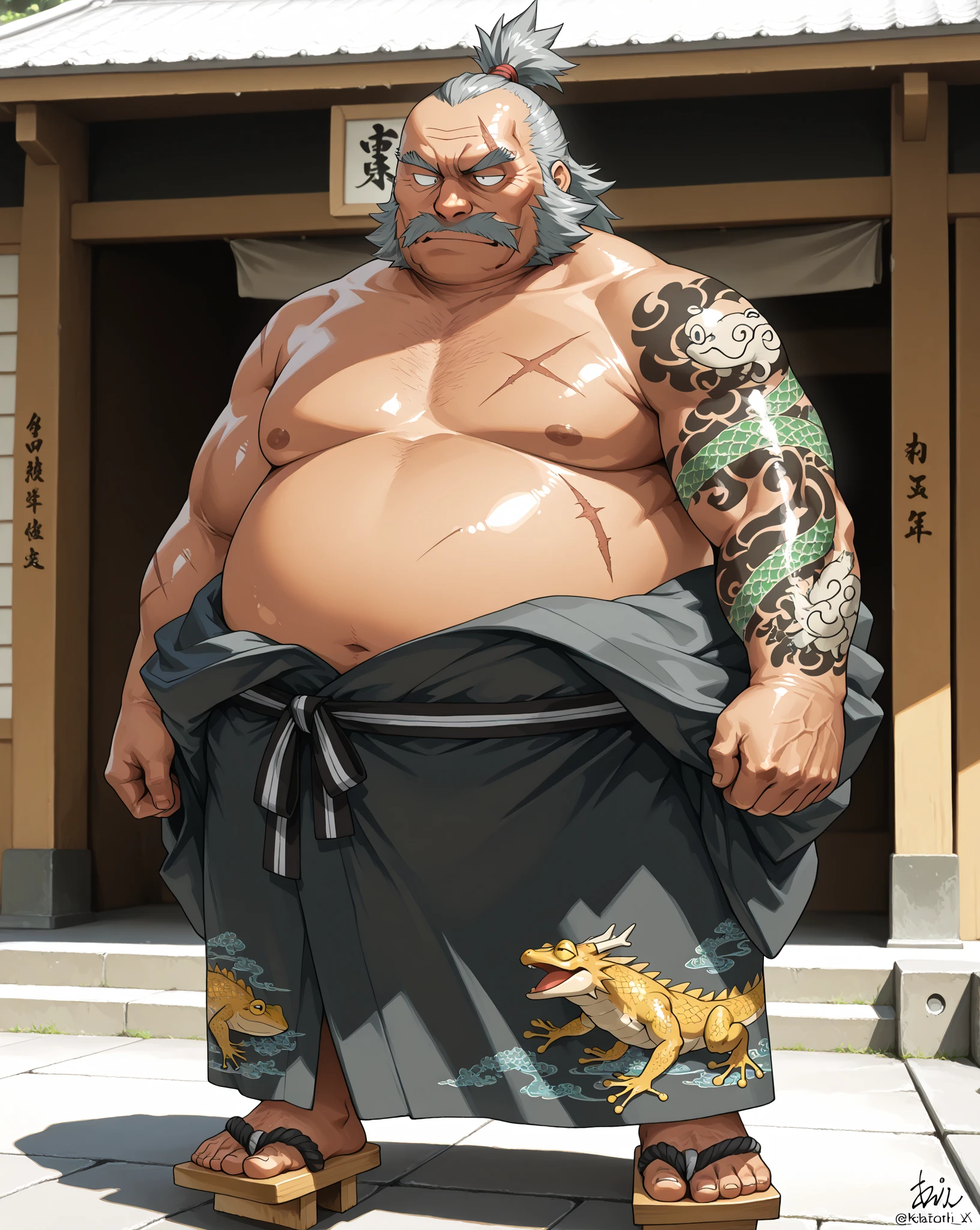 Explaining the illustration of Edokko-jiisan。
This character is based on the image of a stylish and stubborn old Edokko man.。His face looked a little grim.、Even with a frown on his face、He has a somewhat friendly expression.。Wrap a hand towel around your head、Wearing a kimono or haori、On her feet she wears sandals.。The figure is a little chubby、The protruding belly also gives off an Edokko-like vibe.。In the background、The simple design is reminiscent of the streets of Edo.、The overall design is Japanese-style and uses subdued colors.。