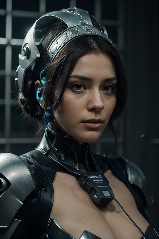 complex 3d render ultra detailed of a beautiful porcelain profile woman android face, cyborg, robotic parts, 150 mm, beautiful studio soft light, rim light, vibrant details, luxurious cyberpunk, lace, hyperrealistic, anatomical, facial muscles, cable electric wires, microchip, elegant, beautiful background, octane render, H. R. Giger style, 8k, best quality, masterpiece, illustration, an extremely delicate and beautiful, extremely detailed ,CG ,unity ,wallpaper, (realistic, photo-realistic:1.37),Amazing, finely detail, masterpiece,best quality,official art, extremely detailed CG unity 8k wallpaper, absurdres, incredibly absurdres,  robot, silver halmet, full body, STANDING