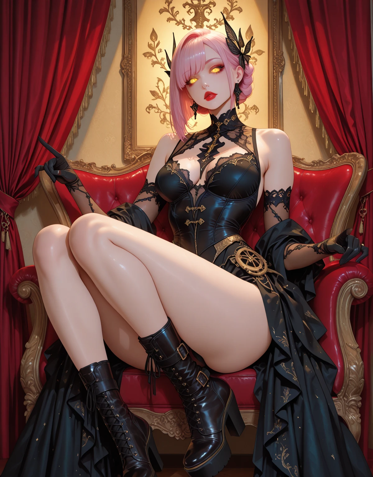 "masterpiece, ((adorable petite woman:1.2)), (pink-haired petite woman), ((woman sitting in a chair)), (voluptuous figure), (intricately detailed face), (exquisite background:1.2), (alluring), (dark theme), (enticing black stockings)"