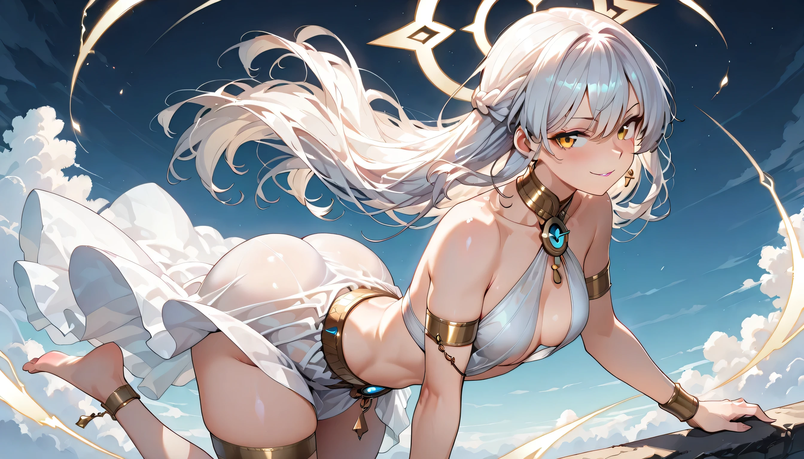 Super detailed、highest quality、best image quality、masterpiece、8K、anime face、gentle smile、shining blue eyes、blonde curly hair、heavy bangs、Wearing a headband、(SFW huge body)、(((Rear view)))、cowboy shot、Wearing a thong、whole body muscles
