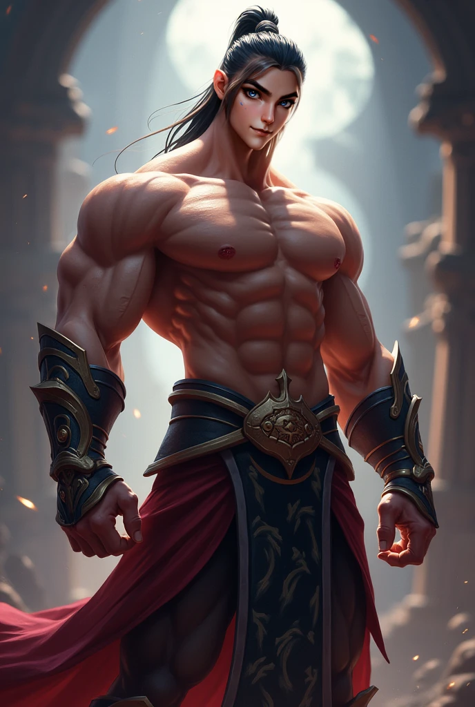 2 men, Realistic, 2 Hot muscular concubines of the Han dynasty, wearing an ancient revealing Chinese dress with a tight thong a huge bulge with long silky hair and masculine features with a serious face looking at the ground.Battle scars, a huge throne behind him