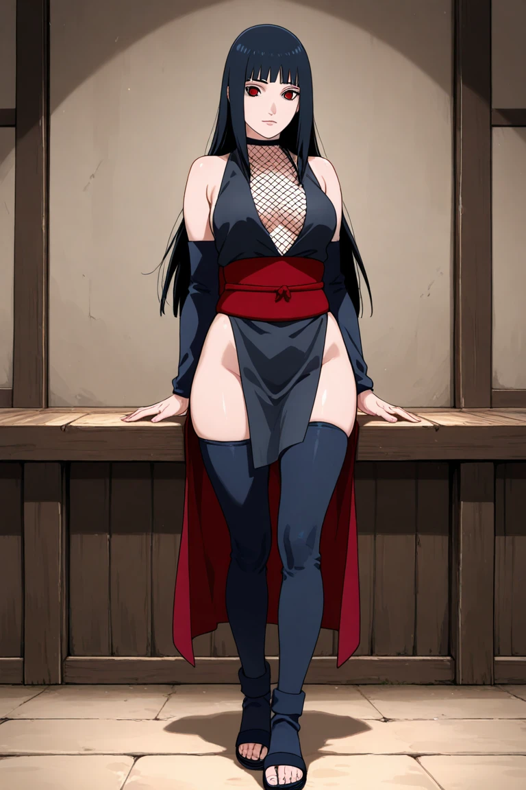 Mikoto Uchiha, 1 girl, ((bimbo))), long Black hair, cute smile face, puffy lips, painted lips, thick lips, wide hips, thick thighs, huge ass, craving lust face , small breasts, cleavage, mature mom, perfect hands, Kimono, red armor, crossed arms, art from Naruto Shippuden, Ultra detailed