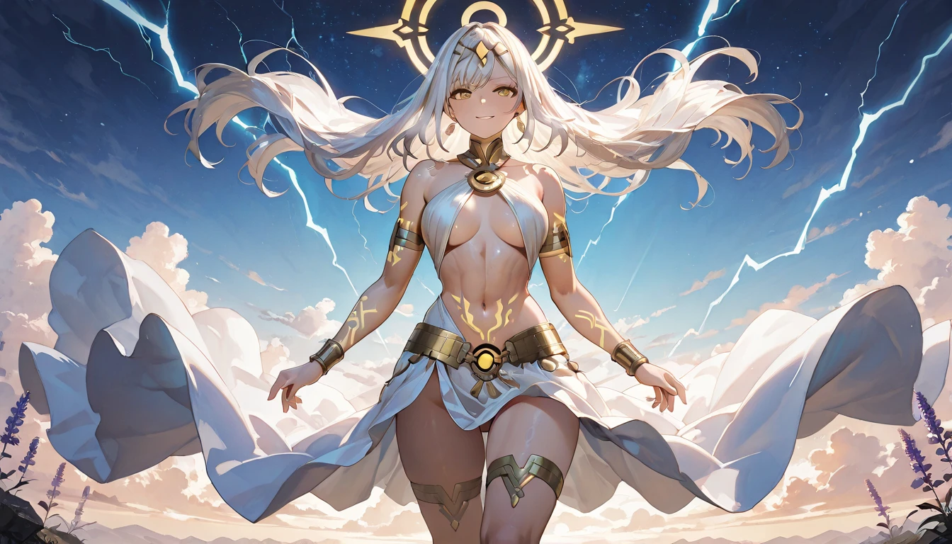 (((Strong winds)))、storm、(((Golden eyes)))、(hair ornaments)、(Golden Tattoo)、(((naked)))、(((pubic hair)))、Female organ、Beautiful beauty、(((Gray Hair)))long、((whole body))、(((Photo taken from below)))、Night Sky、The background is a night forest