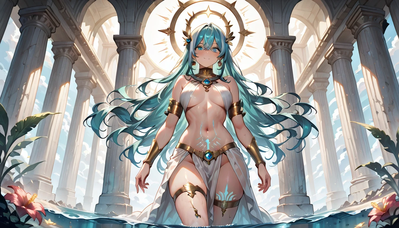 (metallic accessory), (erotic priestess), shiny(blue hair), (aquamarine eyes), (white bikini)(gold rim)(covered nipples), slender, bellybutton, narrow hips, (nude underbody), (exposed pussy)clitoris(labia)urethra(pussy spread), transparent skirt, fantasy, mythical altar, (stone sculpture)encrypting, (Highly Detailed CG Unity 8K Wallpaper) (Better Quality) (Better lighting)